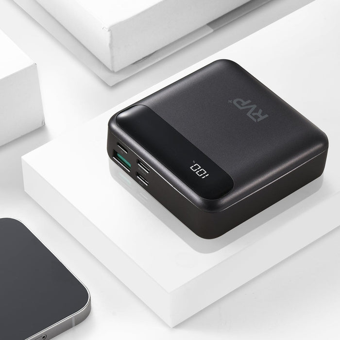 RVP+ 10,000mAh Power Bank – Fast Charging Portable Charger with Dual USB-C, USB-A & Lightning – Black