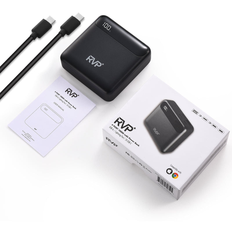 RVP+ 10,000mAh Power Bank – Fast Charging Portable Charger with Dual USB-C, USB-A & Lightning – Black
