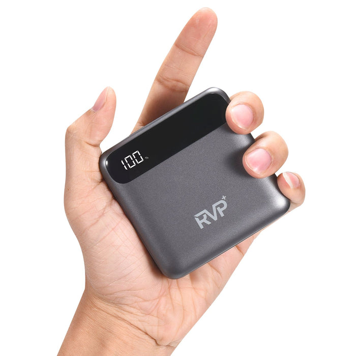 RVP+ 10,000mAh Slim Power Bank – Portable Fast Charger with USB-C, USB-A & Lightning – Gray