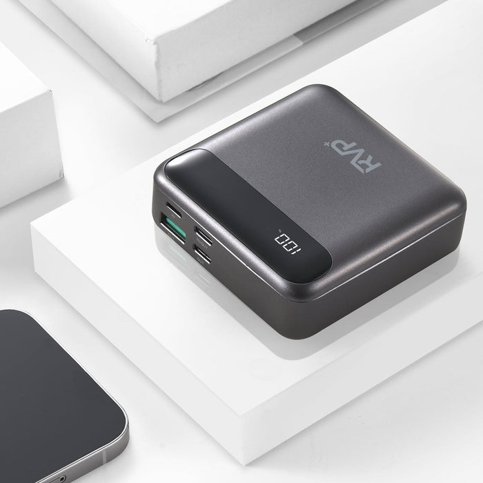 RVP+ 10,000mAh Slim Power Bank – Portable Fast Charger with USB-C, USB-A & Lightning – Gray