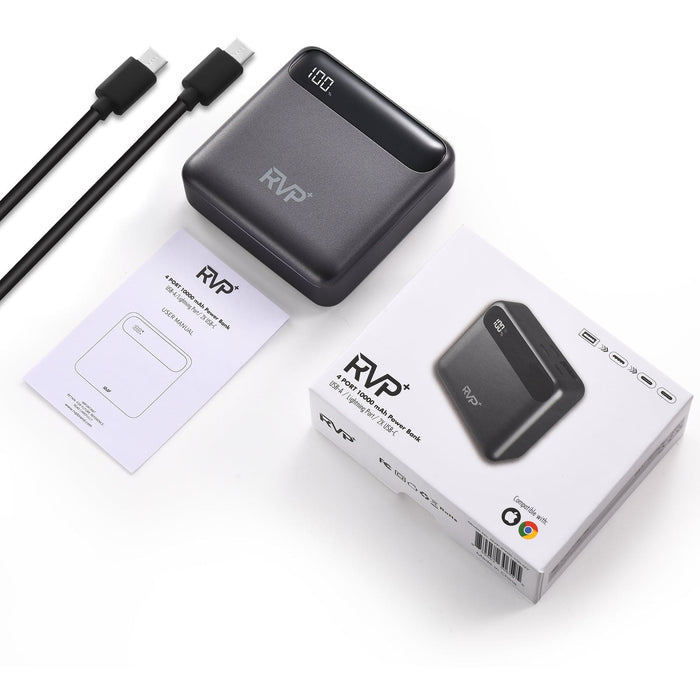 RVP+ 10,000mAh Slim Power Bank – Portable Fast Charger with USB-C, USB-A & Lightning – Gray