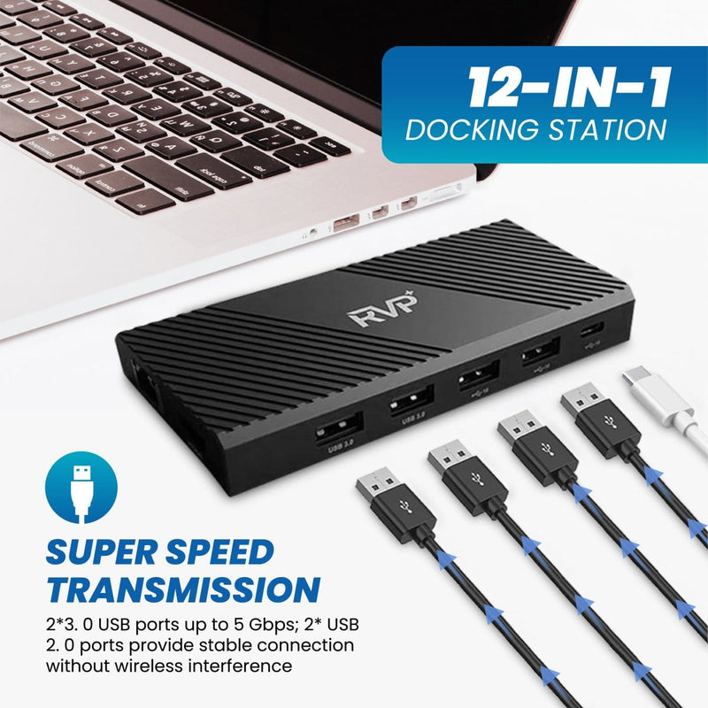 RVP+ Docking Station 3 Monitors, 12-in-1, Tri-Display-4K HDMI Dual Monitors, 5Gbps USB-C-A Data Transfer, USB 3.0, 100W Laptop-Charging, Gigabit Ethernet, Audio, SD-TF Dongle (RVP-MCY93)