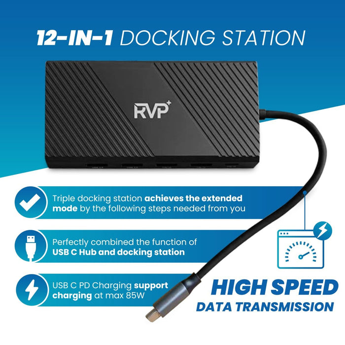 RVP+ Docking Station 3 Monitors, 12-in-1, Tri-Display-4K HDMI Dual Monitors, 5Gbps USB-C-A Data Transfer, USB 3.0, 100W Laptop-Charging, Gigabit Ethernet, Audio, SD-TF Dongle (RVP-MCY93)