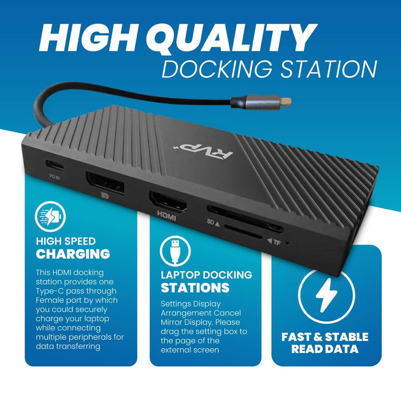 RVP+ Docking Station 3 Monitors, 12-in-1, Tri-Display-4K HDMI Dual Monitors, 5Gbps USB-C-A Data Transfer, USB 3.0, 100W Laptop-Charging, Gigabit Ethernet, Audio, SD-TF Dongle (RVP-MCY93)