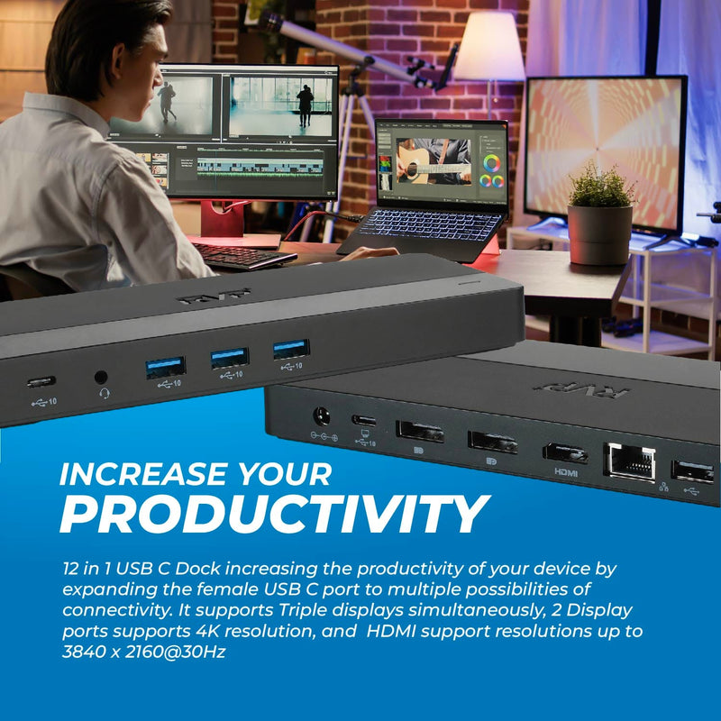 RVP+ Dual Monitor USB C Hub (USB C Dock) with Dual 4K DisplayPort, 2X USB 2.0, Ethernet, and 100W Charging - Thunderbolt 4 / USB4 / Thunderbolt 3 Port - (RVP-022818)