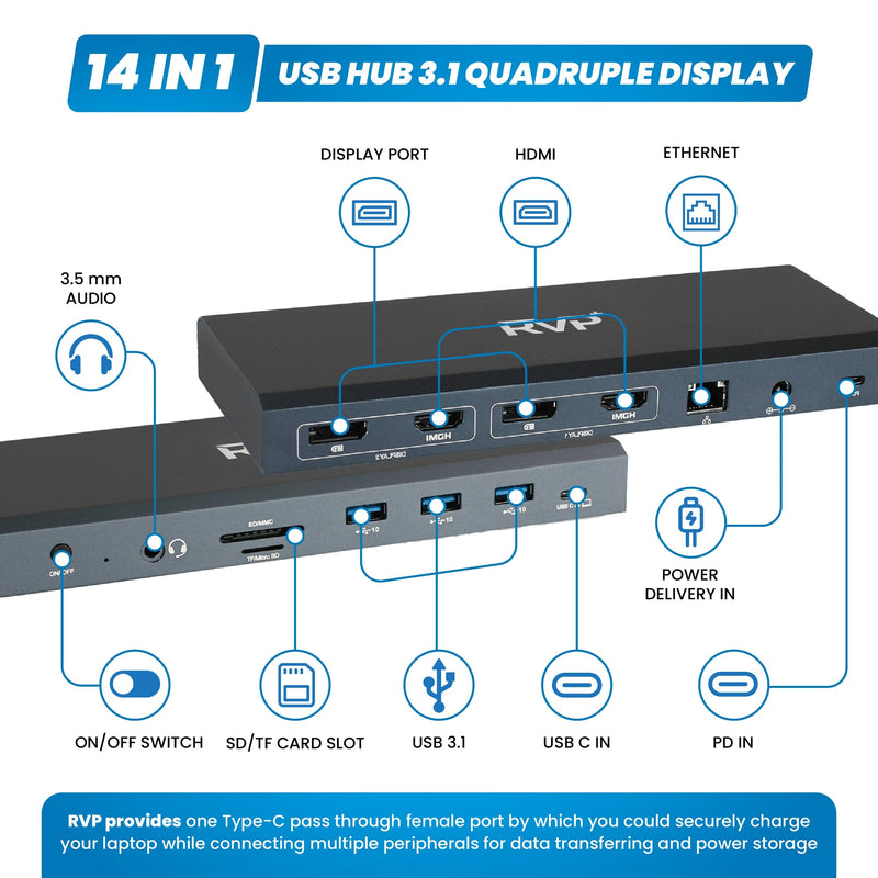 RVP+ Docking Station, 14-in-1, Dual-Display Monitors- 4K HDMI (2x) & DisplayPort (2x), 5Gbps USB-C/A Data Transfer(3x), 100W Laptop-Charging, Gigabit Ethernet, Audio With Power Supply - (RVP-6908X4)